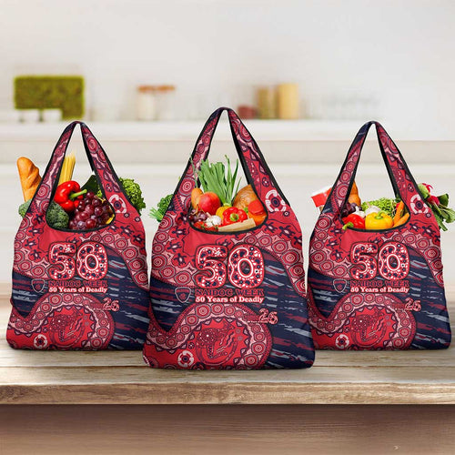 Melbourne Demons NAIDOC Week 2026 Grocery Bag Australian Aboriginal Dot Art Dreamtime Pattern Style