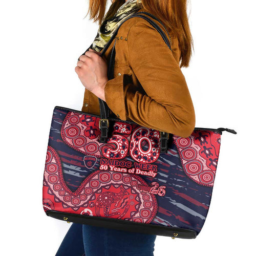 Melbourne Demons NAIDOC Week 2026 Leather Tote Bag Australian Aboriginal Dot Art Dreamtime Pattern Style