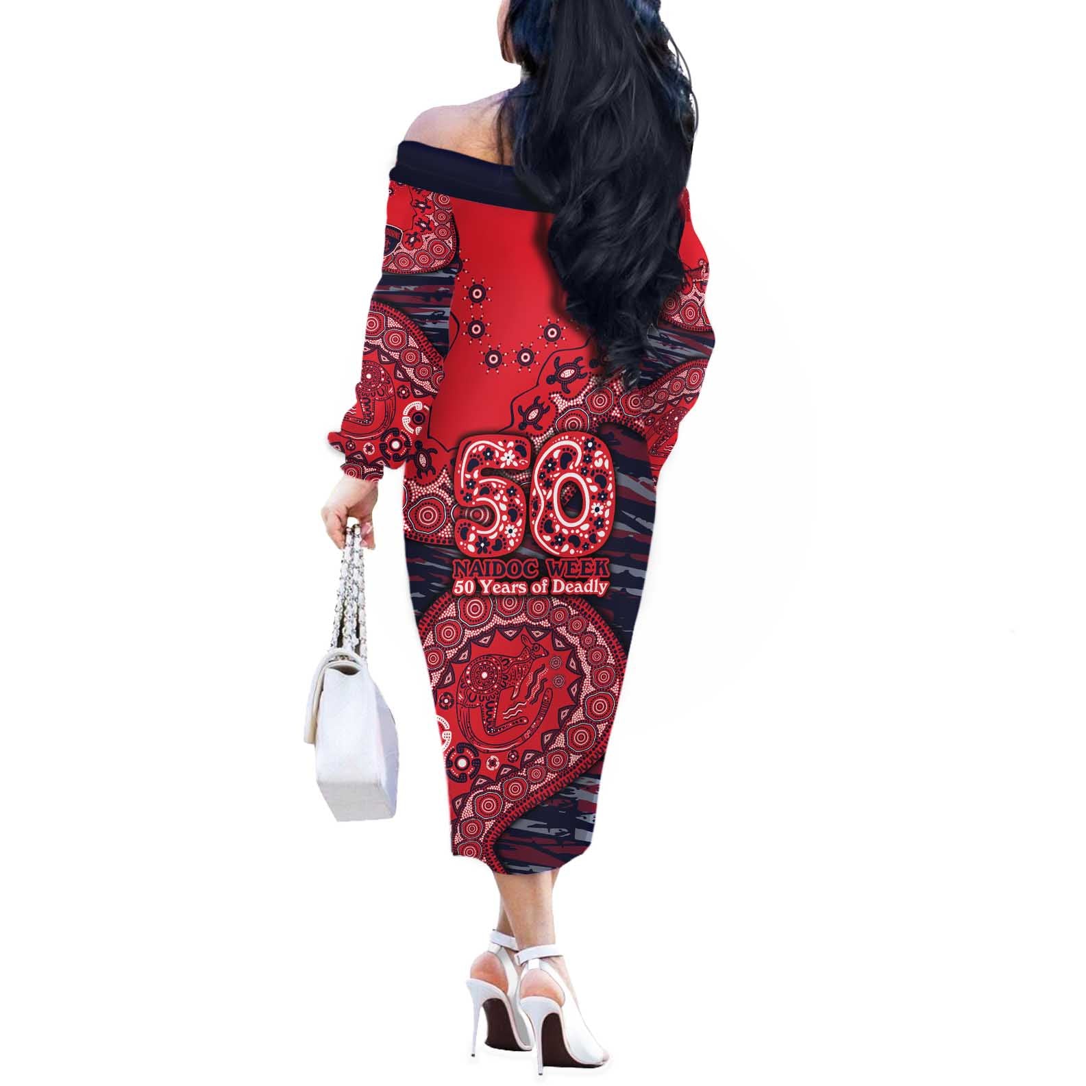 Melbourne Demons NAIDOC Week 2026 Off The Shoulder Long Sleeve Dress Australian Aboriginal Dot Art Dreamtime Pattern Style