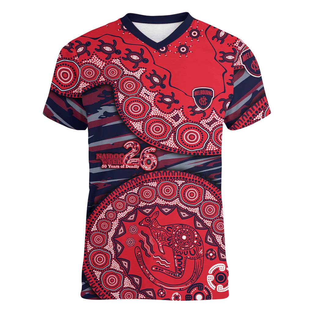 Melbourne Demons NAIDOC Week 2026 Women V-Neck T-Shirt Australian Aboriginal Dot Art Dreamtime Pattern Style