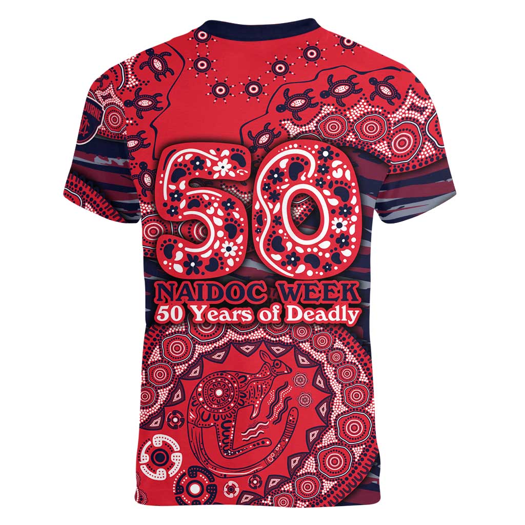 Melbourne Demons NAIDOC Week 2026 Women V-Neck T-Shirt Australian Aboriginal Dot Art Dreamtime Pattern Style