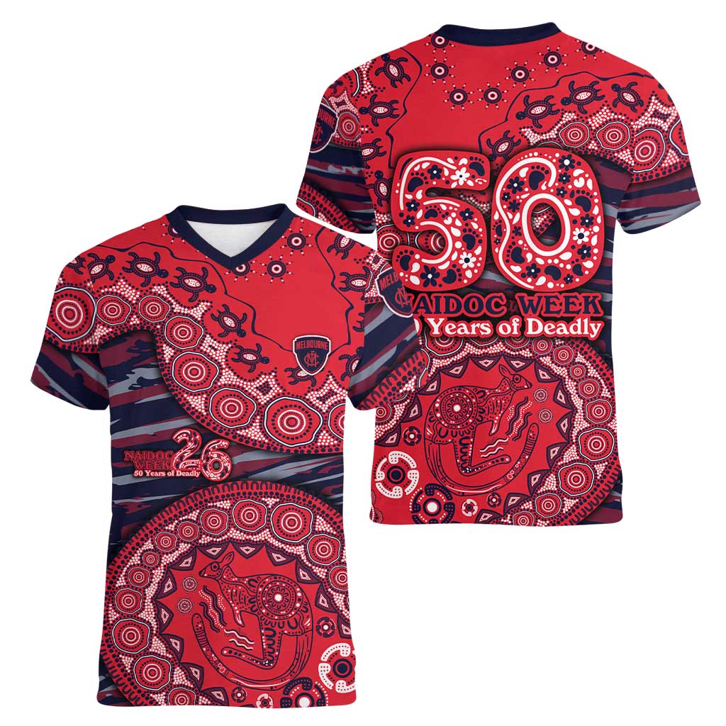 Melbourne Demons NAIDOC Week 2026 Women V-Neck T-Shirt Australian Aboriginal Dot Art Dreamtime Pattern Style
