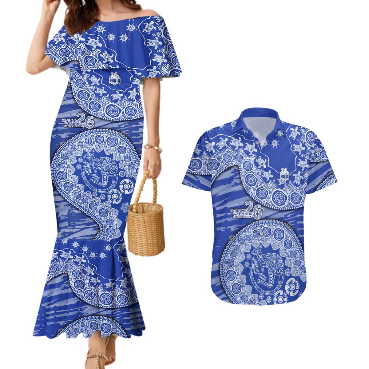 North Melbourne Kangaroos NAIDOC Week 2026 Couples Matching Mermaid Dress and Hawaiian Shirt Australian Aboriginal Dot Art Dreamtime Pattern Style