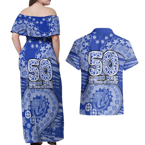 North Melbourne Kangaroos NAIDOC Week 2026 Couples Matching Off Shoulder Maxi Dress and Hawaiian Shirt Australian Aboriginal Dot Art Dreamtime Pattern Style