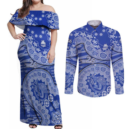 North Melbourne Kangaroos NAIDOC Week 2026 Couples Matching Off Shoulder Maxi Dress and Long Sleeve Button Shirt Australian Aboriginal Dot Art Dreamtime Pattern Style
