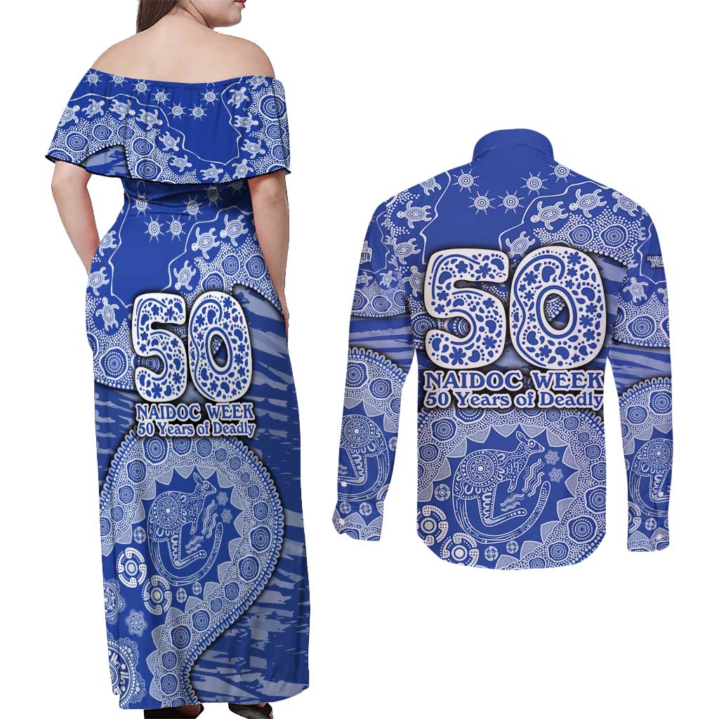 North Melbourne Kangaroos NAIDOC Week 2026 Couples Matching Off Shoulder Maxi Dress and Long Sleeve Button Shirt Australian Aboriginal Dot Art Dreamtime Pattern Style