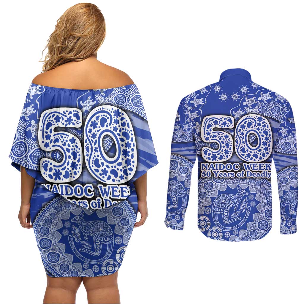 North Melbourne Kangaroos NAIDOC Week 2026 Couples Matching Off Shoulder Short Dress and Long Sleeve Button Shirt Australian Aboriginal Dot Art Dreamtime Pattern Style