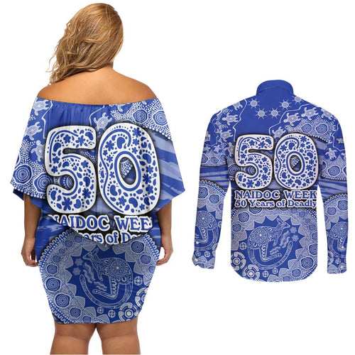 North Melbourne Kangaroos NAIDOC Week 2026 Couples Matching Off Shoulder Short Dress and Long Sleeve Button Shirt Australian Aboriginal Dot Art Dreamtime Pattern Style