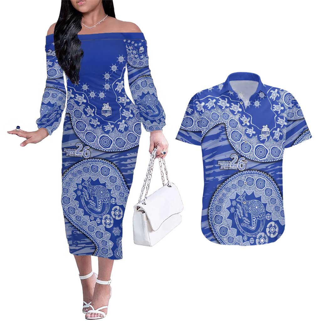North Melbourne Kangaroos NAIDOC Week 2026 Couples Matching Off The Shoulder Long Sleeve Dress and Hawaiian Shirt Australian Aboriginal Dot Art Dreamtime Pattern Style