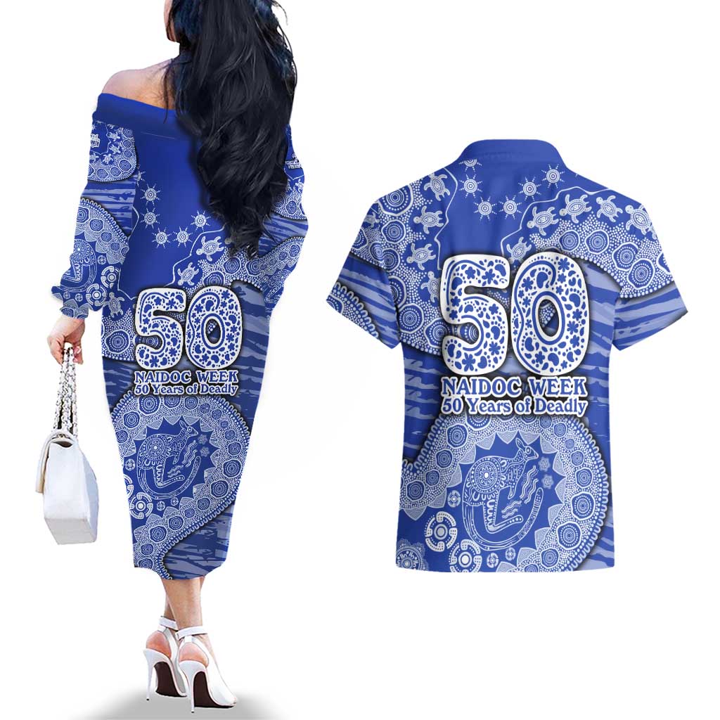 North Melbourne Kangaroos NAIDOC Week 2026 Couples Matching Off The Shoulder Long Sleeve Dress and Hawaiian Shirt Australian Aboriginal Dot Art Dreamtime Pattern Style