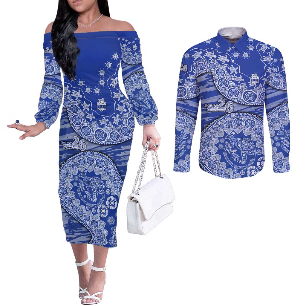 North Melbourne Kangaroos NAIDOC Week 2026 Couples Matching Off The Shoulder Long Sleeve Dress and Long Sleeve Button Shirt Australian Aboriginal Dot Art Dreamtime Pattern Style