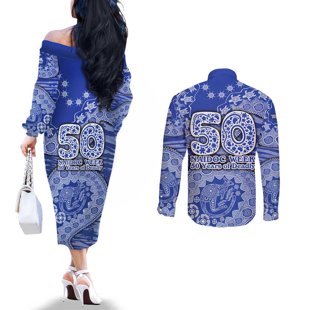 North Melbourne Kangaroos NAIDOC Week 2026 Couples Matching Off The Shoulder Long Sleeve Dress and Long Sleeve Button Shirt Australian Aboriginal Dot Art Dreamtime Pattern Style