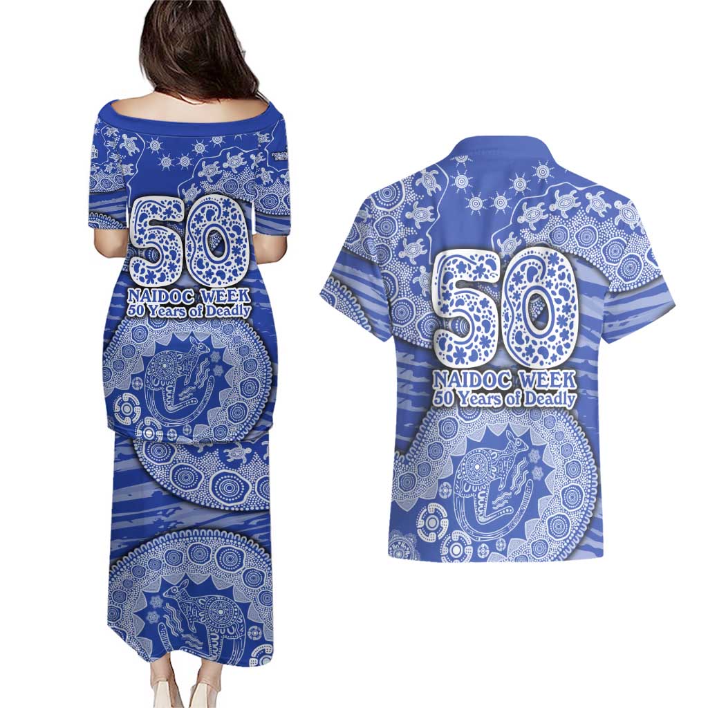 North Melbourne Kangaroos NAIDOC Week 2026 Couples Matching Puletasi and Hawaiian Shirt Australian Aboriginal Dot Art Dreamtime Pattern Style