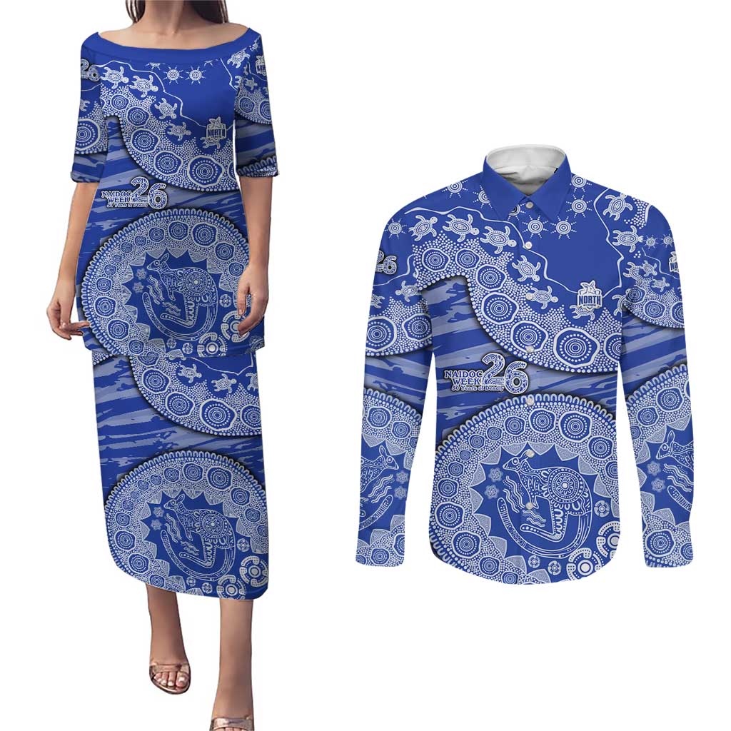North Melbourne Kangaroos NAIDOC Week 2026 Couples Matching Puletasi and Long Sleeve Button Shirt Australian Aboriginal Dot Art Dreamtime Pattern Style