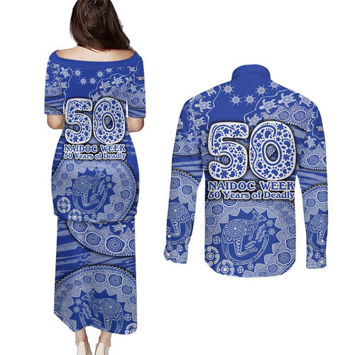 North Melbourne Kangaroos NAIDOC Week 2026 Couples Matching Puletasi and Long Sleeve Button Shirt Australian Aboriginal Dot Art Dreamtime Pattern Style
