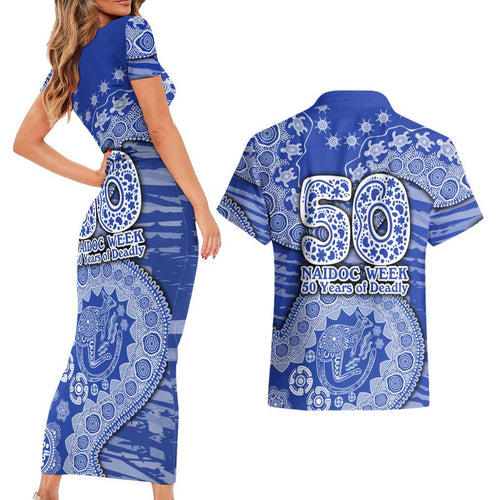 North Melbourne Kangaroos NAIDOC Week 2026 Couples Matching Short Sleeve Bodycon Dress and Hawaiian Shirt Australian Aboriginal Dot Art Dreamtime Pattern Style