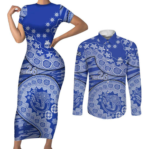 North Melbourne Kangaroos NAIDOC Week 2026 Couples Matching Short Sleeve Bodycon Dress and Long Sleeve Button Shirt Australian Aboriginal Dot Art Dreamtime Pattern Style