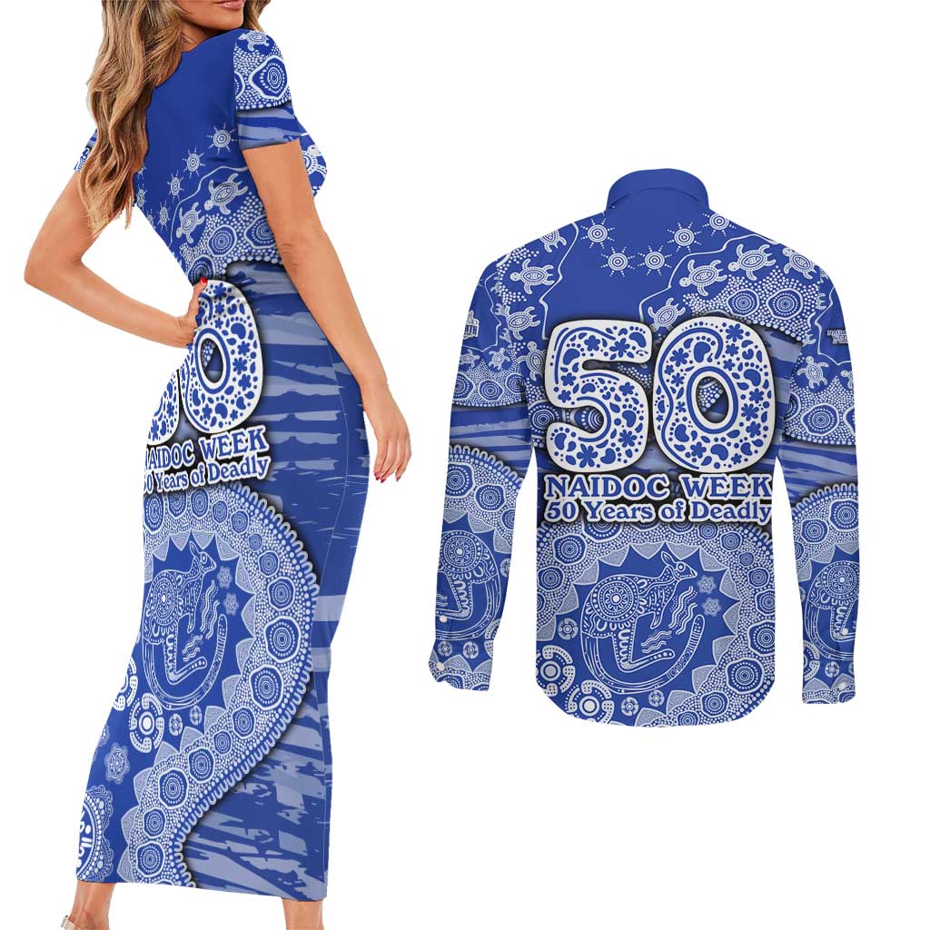 North Melbourne Kangaroos NAIDOC Week 2026 Couples Matching Short Sleeve Bodycon Dress and Long Sleeve Button Shirt Australian Aboriginal Dot Art Dreamtime Pattern Style