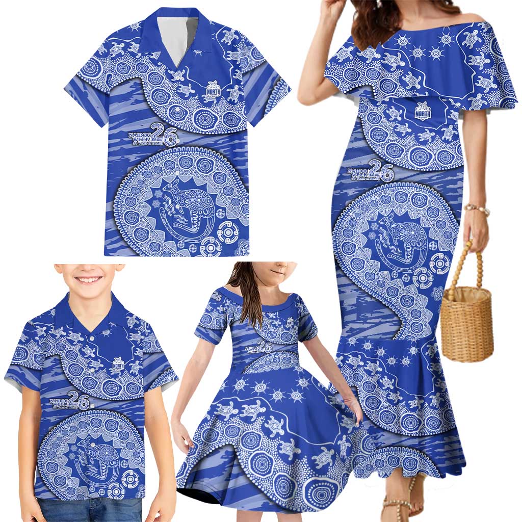 North Melbourne Kangaroos NAIDOC Week 2026 Family Matching Mermaid Dress and Hawaiian Shirt Australian Aboriginal Dot Art Dreamtime Pattern Style