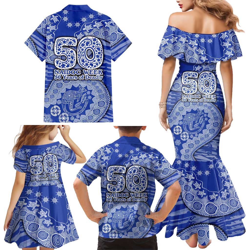 North Melbourne Kangaroos NAIDOC Week 2026 Family Matching Mermaid Dress and Hawaiian Shirt Australian Aboriginal Dot Art Dreamtime Pattern Style