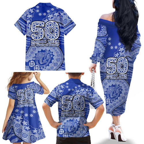 North Melbourne Kangaroos NAIDOC Week 2026 Family Matching Off The Shoulder Long Sleeve Dress and Hawaiian Shirt Australian Aboriginal Dot Art Dreamtime Pattern Style