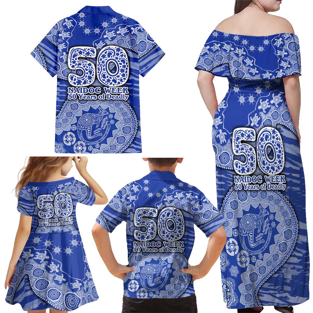 North Melbourne Kangaroos NAIDOC Week 2026 Family Matching Off Shoulder Maxi Dress and Hawaiian Shirt Australian Aboriginal Dot Art Dreamtime Pattern Style