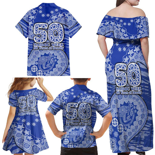 North Melbourne Kangaroos NAIDOC Week 2026 Family Matching Off Shoulder Maxi Dress and Hawaiian Shirt Australian Aboriginal Dot Art Dreamtime Pattern Style