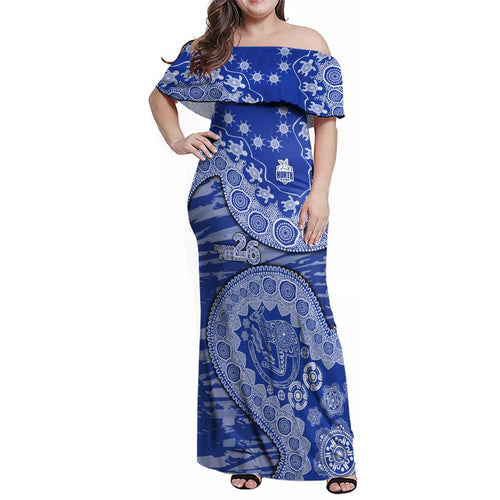 North Melbourne Kangaroos NAIDOC Week 2026 Family Matching Off Shoulder Maxi Dress and Hawaiian Shirt Australian Aboriginal Dot Art Dreamtime Pattern Style