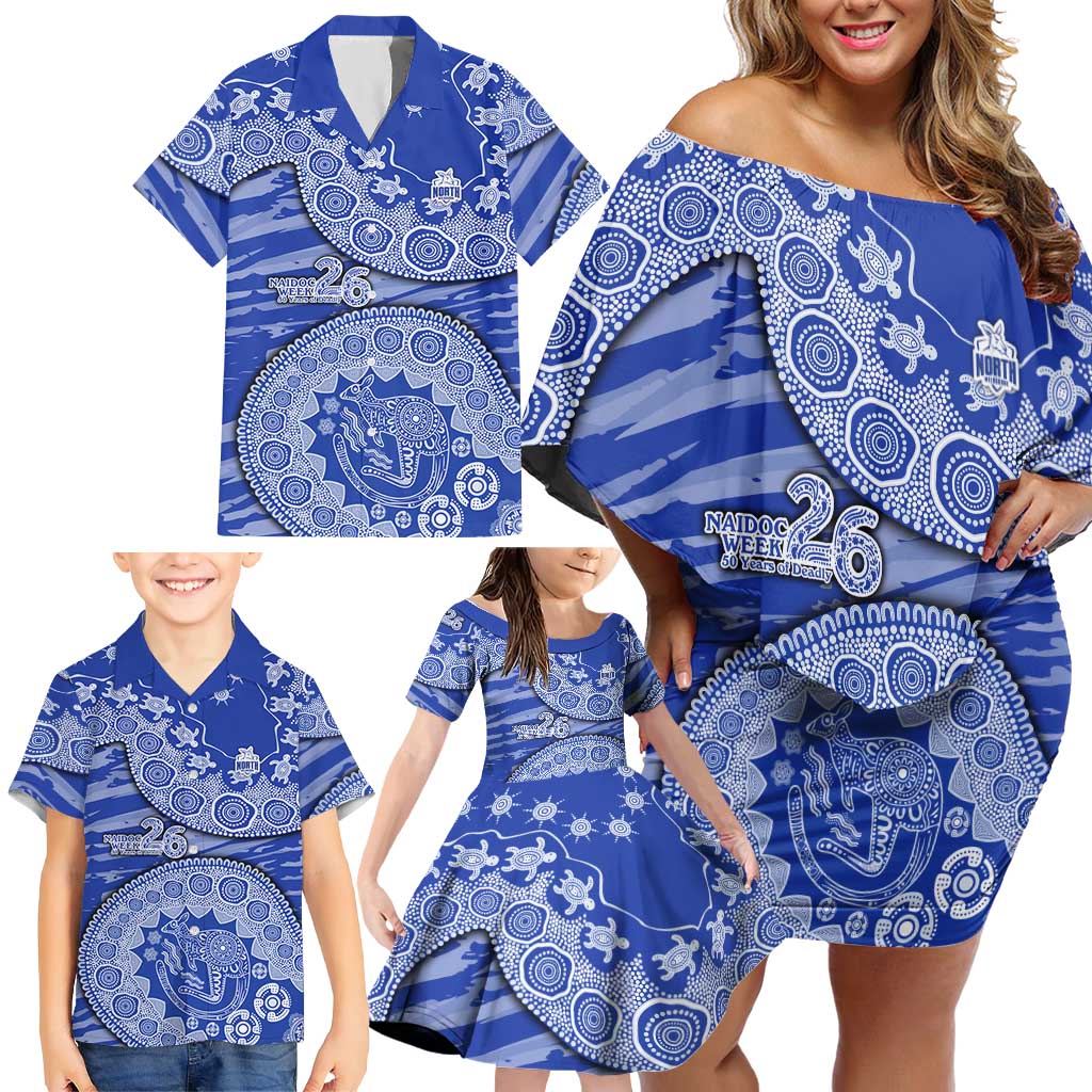 North Melbourne Kangaroos NAIDOC Week 2026 Family Matching Off Shoulder Short Dress and Hawaiian Shirt Australian Aboriginal Dot Art Dreamtime Pattern Style