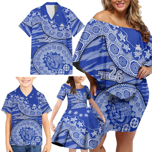 North Melbourne Kangaroos NAIDOC Week 2026 Family Matching Off Shoulder Short Dress and Hawaiian Shirt Australian Aboriginal Dot Art Dreamtime Pattern Style
