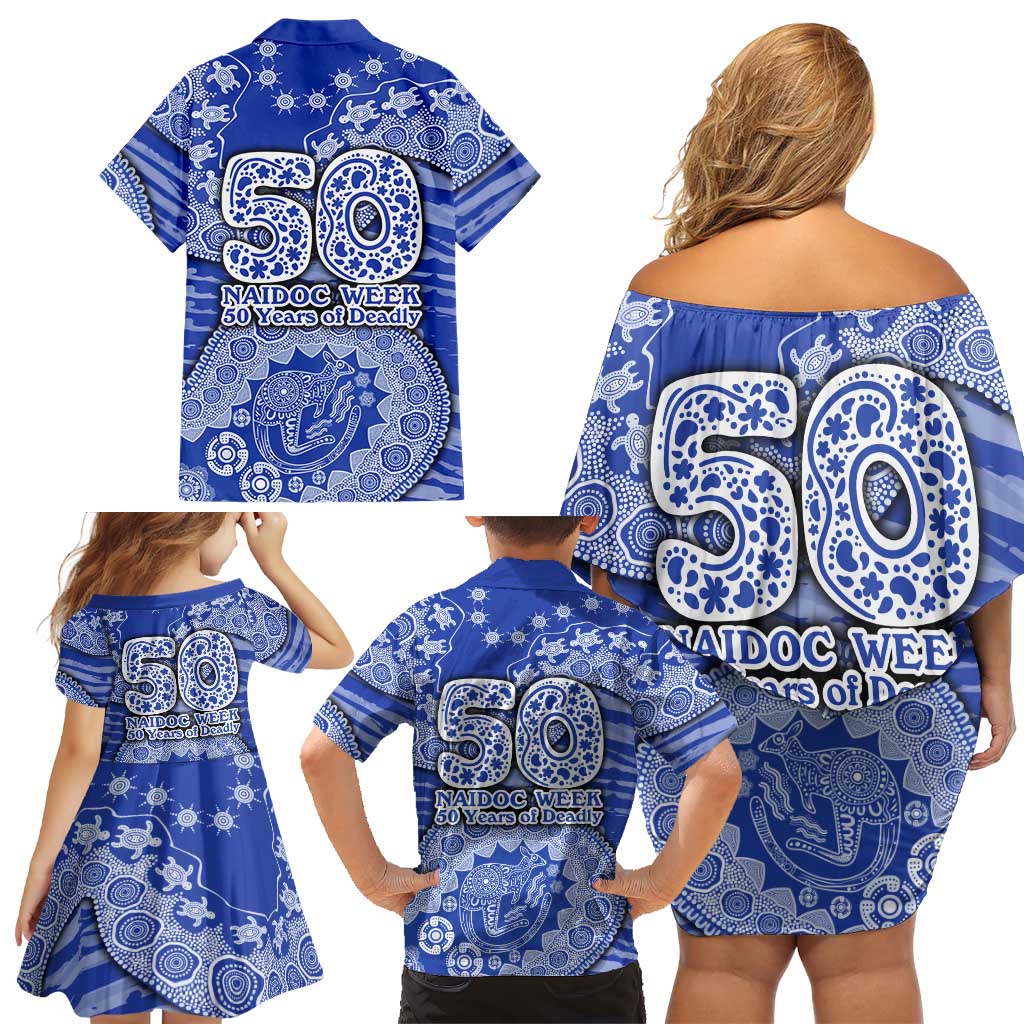 North Melbourne Kangaroos NAIDOC Week 2026 Family Matching Off Shoulder Short Dress and Hawaiian Shirt Australian Aboriginal Dot Art Dreamtime Pattern Style
