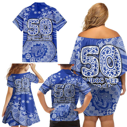 North Melbourne Kangaroos NAIDOC Week 2026 Family Matching Off Shoulder Short Dress and Hawaiian Shirt Australian Aboriginal Dot Art Dreamtime Pattern Style
