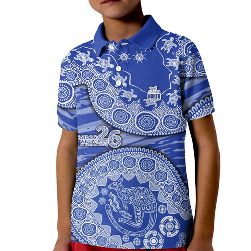 North Melbourne Kangaroos NAIDOC Week 2026 Kid Polo Shirt Australian Aboriginal Dot Art Dreamtime Pattern Style