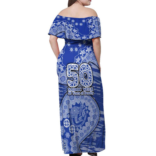 North Melbourne Kangaroos NAIDOC Week 2026 Off Shoulder Maxi Dress Australian Aboriginal Dot Art Dreamtime Pattern Style