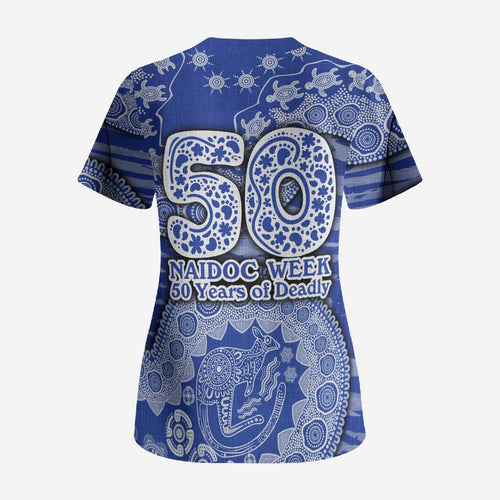 North Melbourne Kangaroos NAIDOC Week 2026 Scrub Top Australian Aboriginal Dot Art Dreamtime Pattern Style