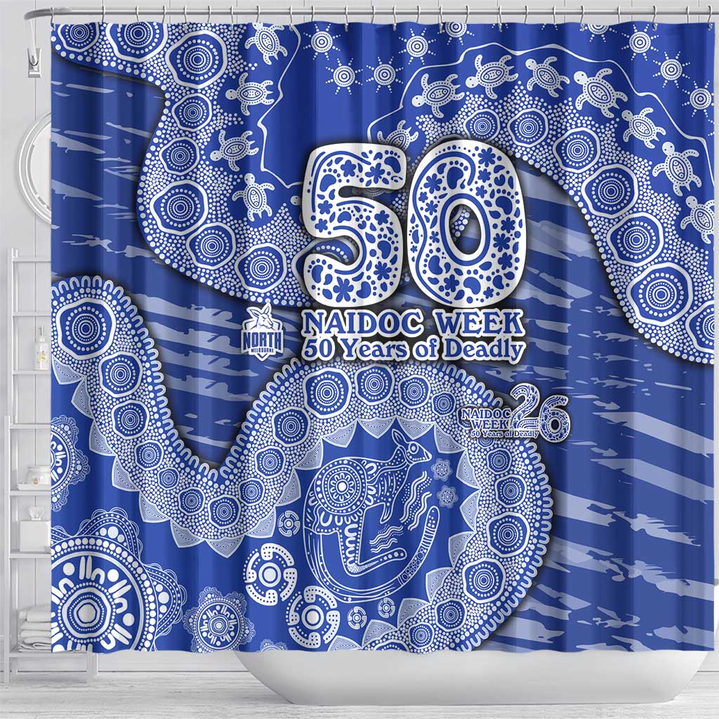 North Melbourne Kangaroos NAIDOC Week 2026 Shower Curtain Australian Aboriginal Dot Art Dreamtime Pattern Style