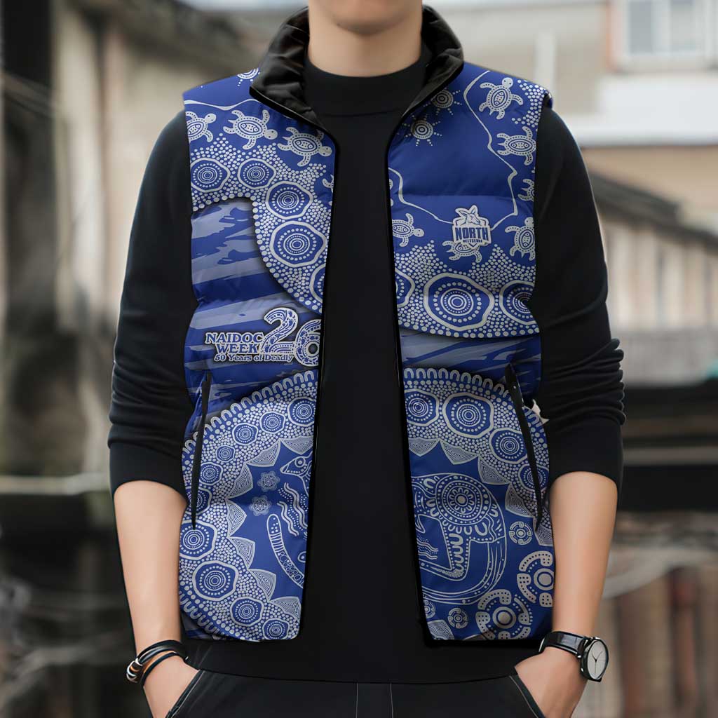 North Melbourne Kangaroos NAIDOC Week 2026 Sleeveless Puffer Jacket Australian Aboriginal Dot Art Dreamtime Pattern Style