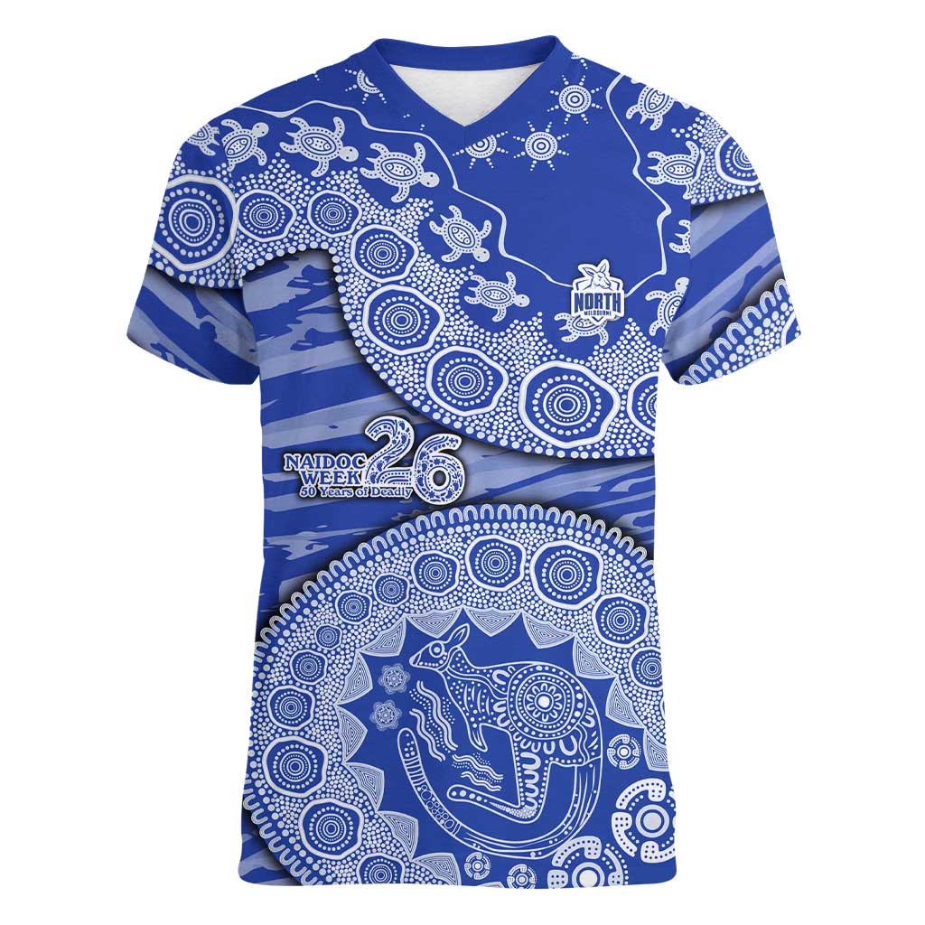 North Melbourne Kangaroos NAIDOC Week 2026 Women V-Neck T-Shirt Australian Aboriginal Dot Art Dreamtime Pattern Style