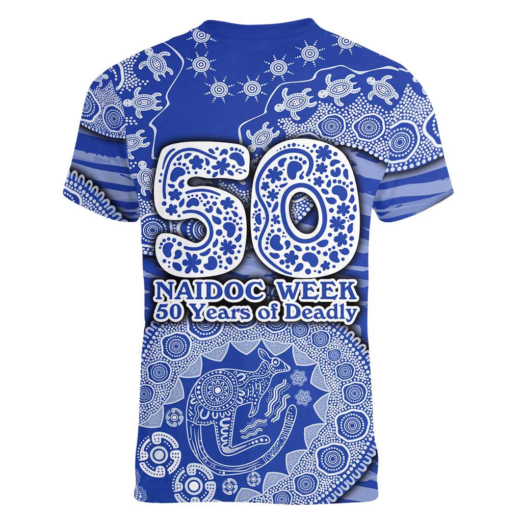North Melbourne Kangaroos NAIDOC Week 2026 Women V-Neck T-Shirt Australian Aboriginal Dot Art Dreamtime Pattern Style