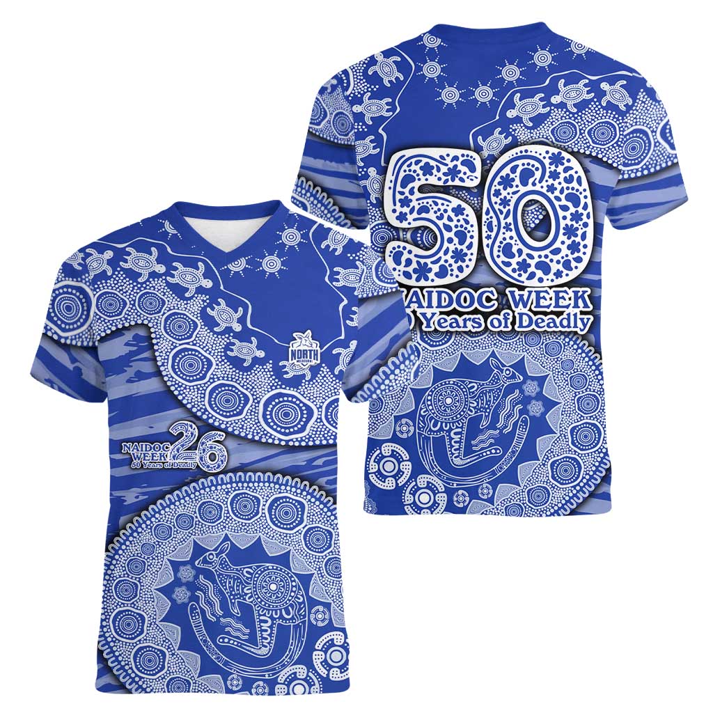 North Melbourne Kangaroos NAIDOC Week 2026 Women V-Neck T-Shirt Australian Aboriginal Dot Art Dreamtime Pattern Style