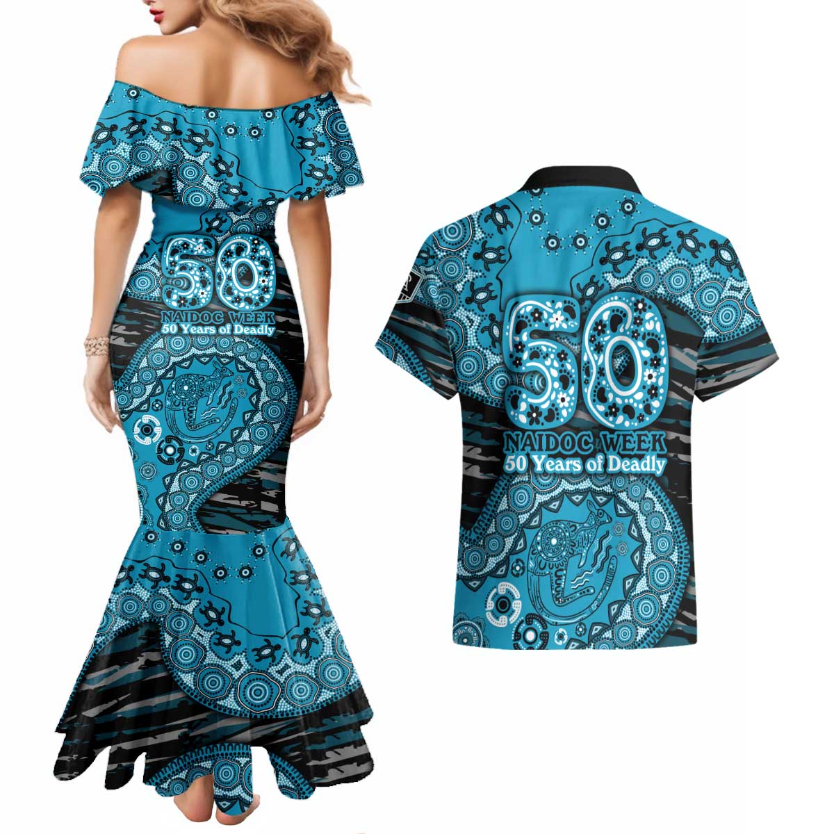 Port Adelaide NAIDOC Week 2026 Couples Matching Mermaid Dress and Hawaiian Shirt Australian Aboriginal Dot Art Dreamtime Pattern Style