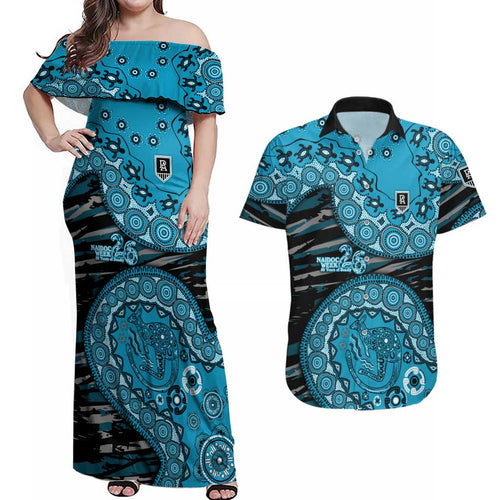 Port Adelaide NAIDOC Week 2026 Couples Matching Off Shoulder Maxi Dress and Hawaiian Shirt Australian Aboriginal Dot Art Dreamtime Pattern Style