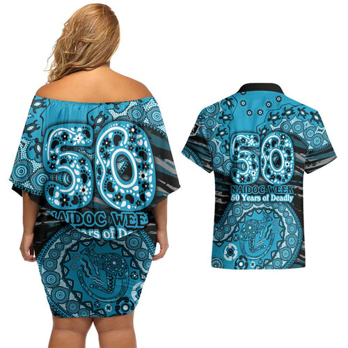 Port Adelaide NAIDOC Week 2026 Couples Matching Off Shoulder Short Dress and Hawaiian Shirt Australian Aboriginal Dot Art Dreamtime Pattern Style