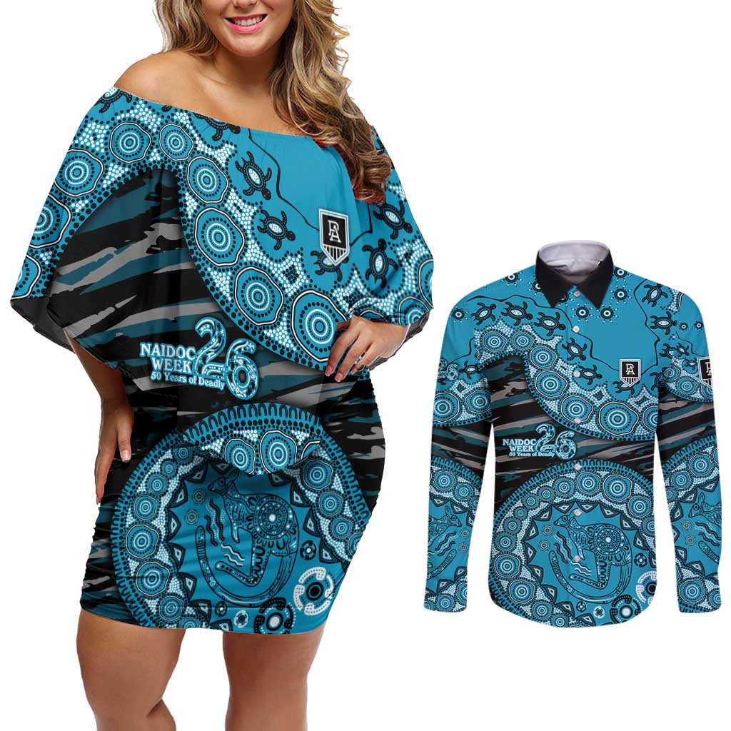 Port Adelaide NAIDOC Week 2026 Couples Matching Off Shoulder Short Dress and Long Sleeve Button Shirt Australian Aboriginal Dot Art Dreamtime Pattern Style