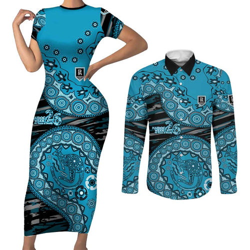 Port Adelaide NAIDOC Week 2026 Couples Matching Short Sleeve Bodycon Dress and Long Sleeve Button Shirt Australian Aboriginal Dot Art Dreamtime Pattern Style