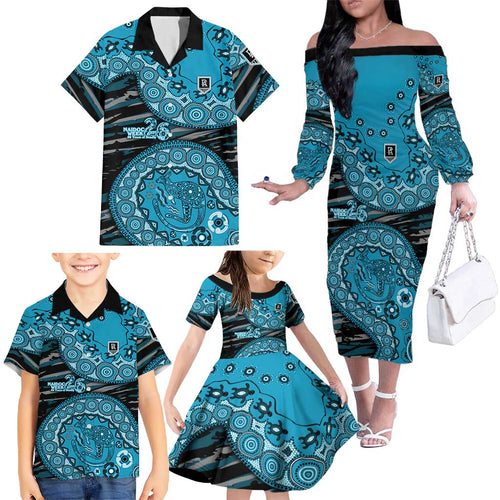 Port Adelaide NAIDOC Week 2026 Family Matching Off The Shoulder Long Sleeve Dress and Hawaiian Shirt Australian Aboriginal Dot Art Dreamtime Pattern Style