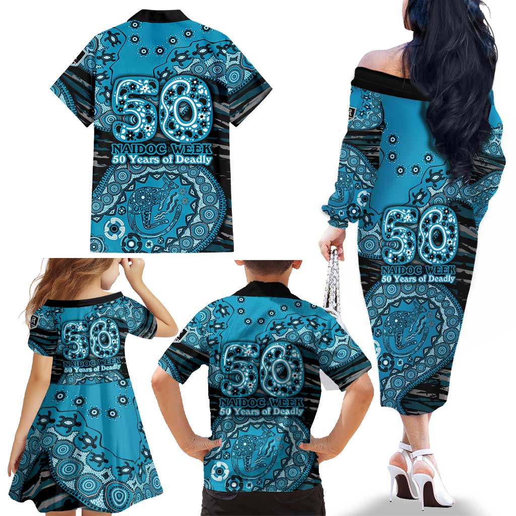 Port Adelaide NAIDOC Week 2026 Family Matching Off The Shoulder Long Sleeve Dress and Hawaiian Shirt Australian Aboriginal Dot Art Dreamtime Pattern Style