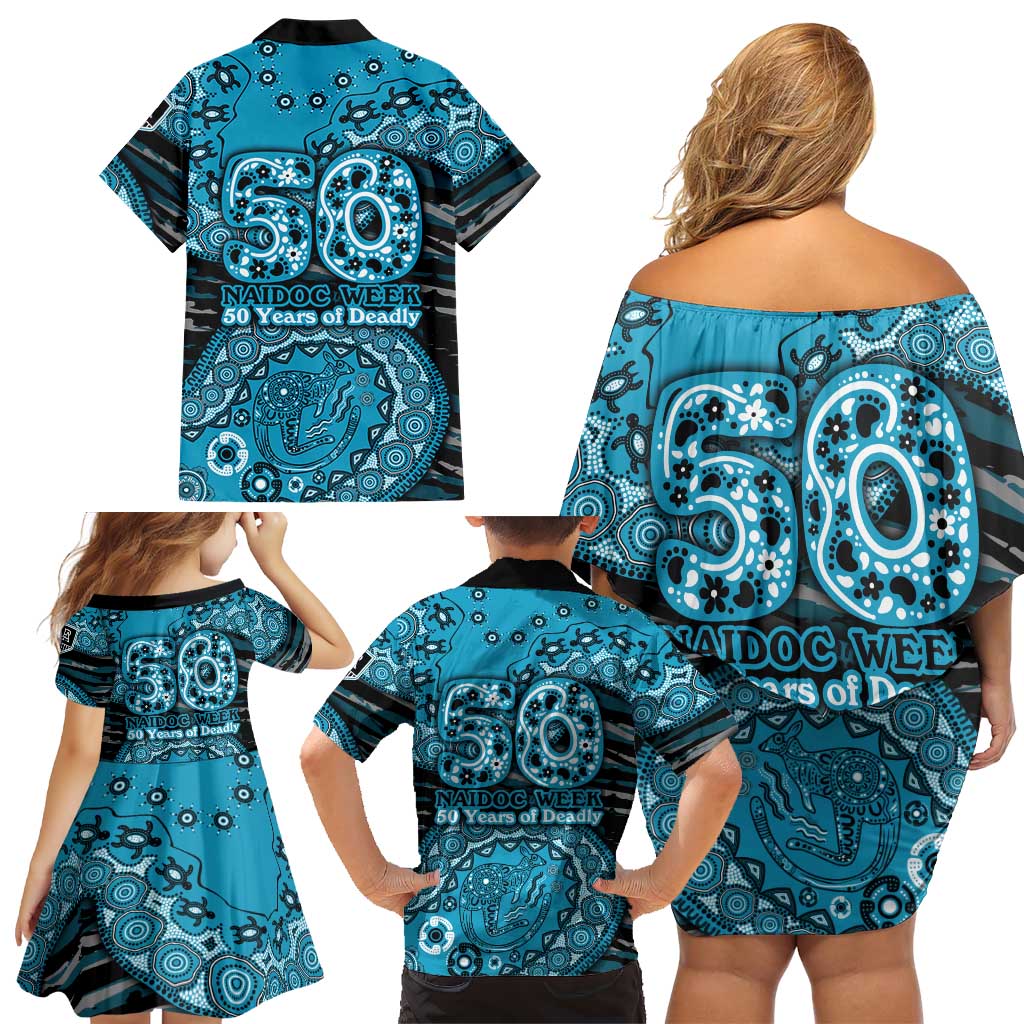 Port Adelaide NAIDOC Week 2026 Family Matching Off Shoulder Short Dress and Hawaiian Shirt Australian Aboriginal Dot Art Dreamtime Pattern Style