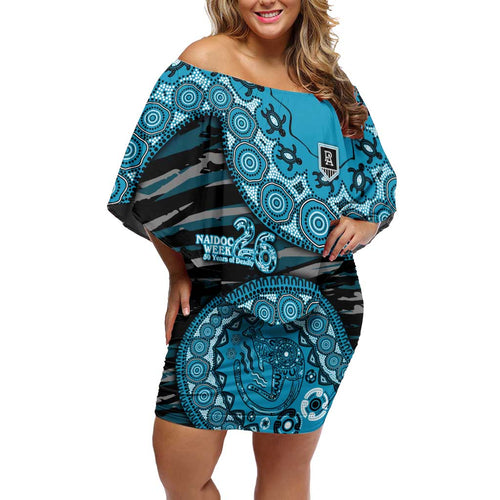 Port Adelaide NAIDOC Week 2026 Family Matching Off Shoulder Short Dress and Hawaiian Shirt Australian Aboriginal Dot Art Dreamtime Pattern Style