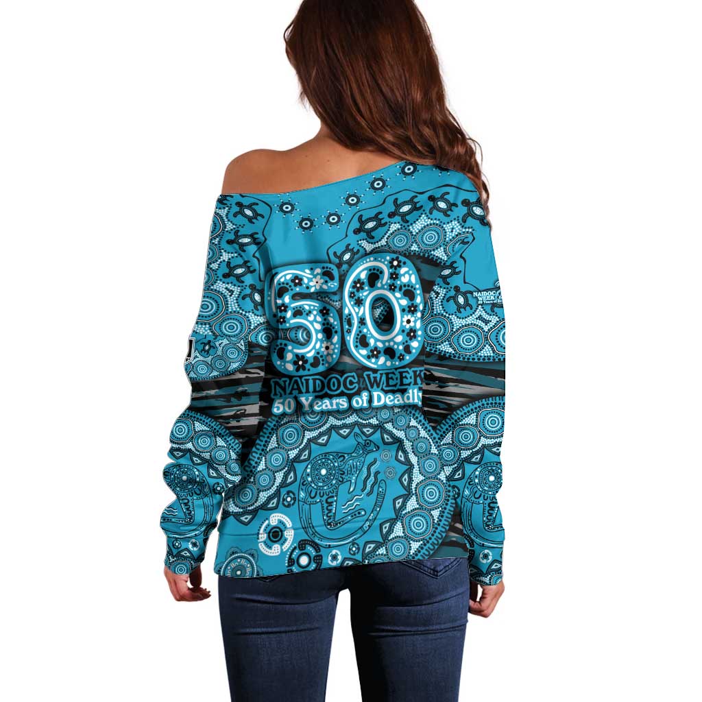 Port Adelaide NAIDOC Week 2026 Off Shoulder Sweater Australian Aboriginal Dot Art Dreamtime Pattern Style
